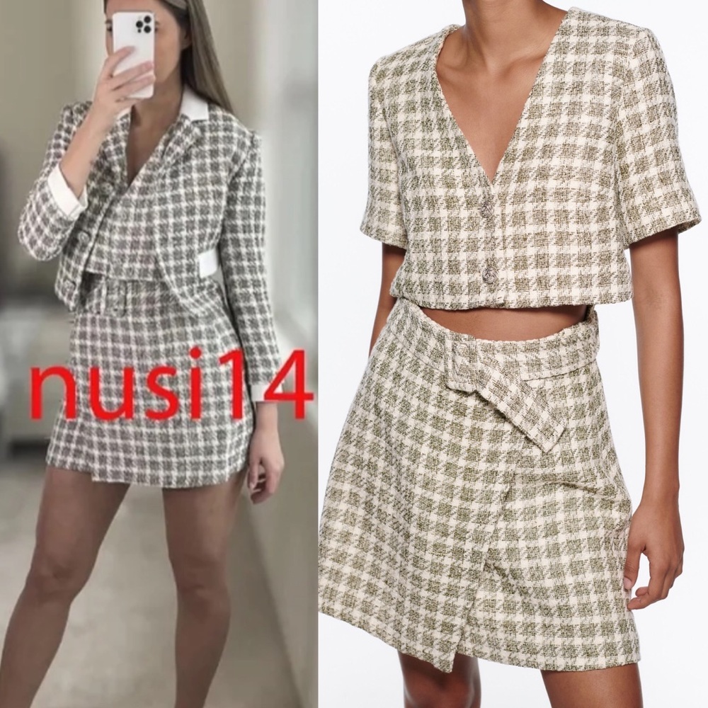 Zara Plaid Cut Out Textured tweed Mini V-Neck Dress w/ Belt & Jewel Buttons NEW